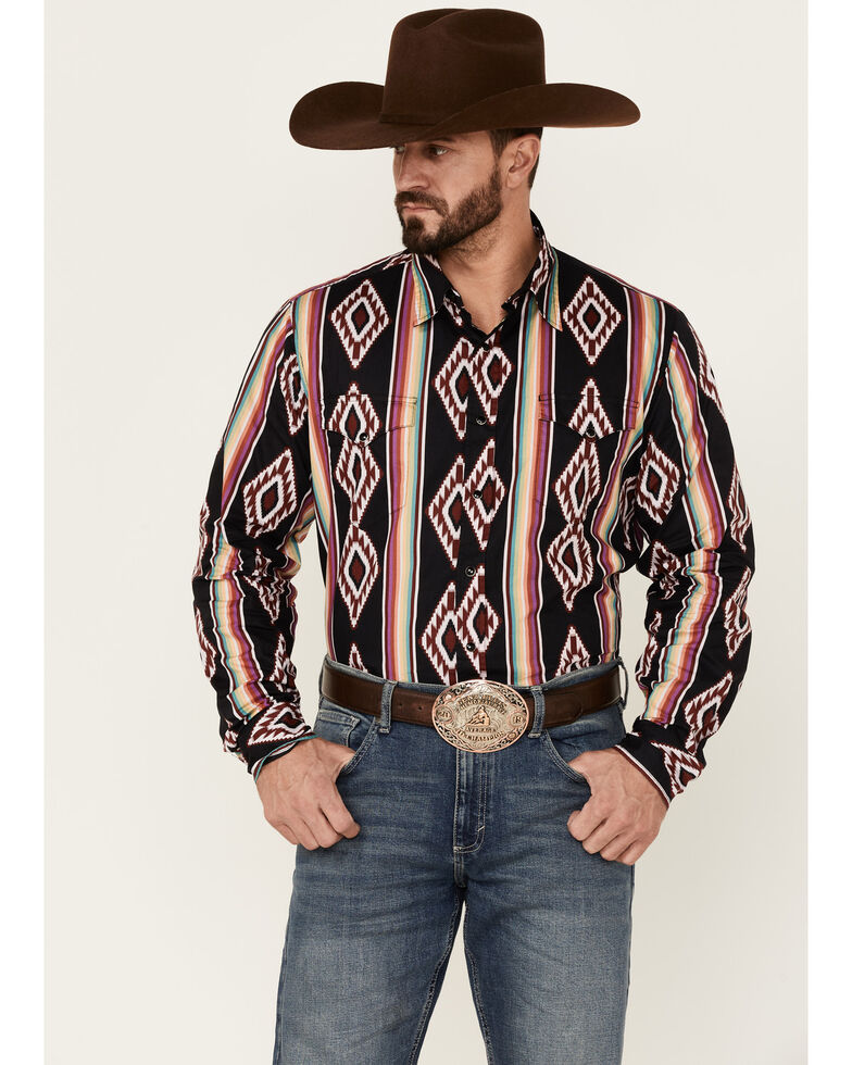 Roper Men's Black Southwestern Stripe Long Sleeve Snap Western Shirt , Black, hi-res