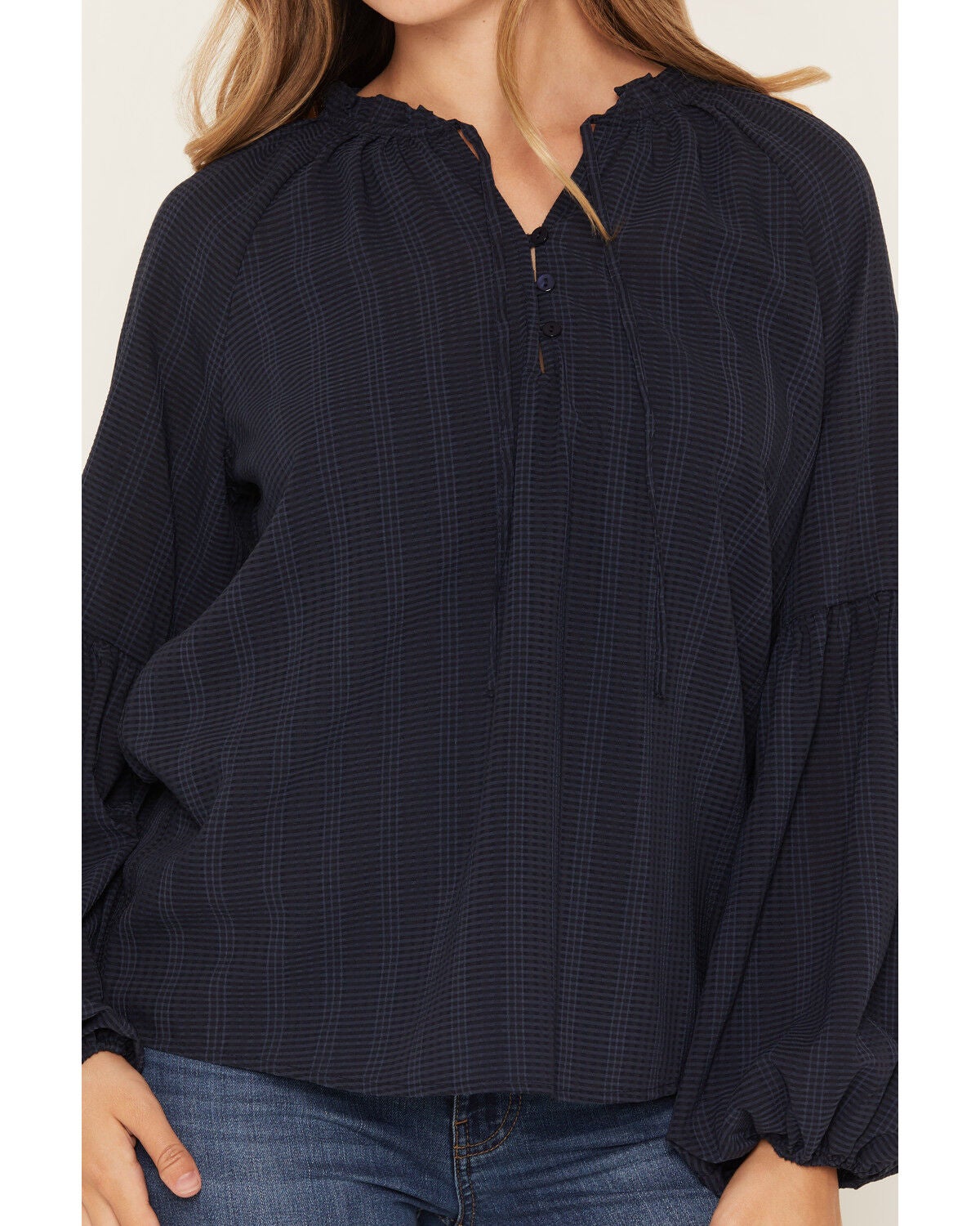 Image #3 - Lovestitch Women's Button Placket Peasant Blouse, Navy, hi-res