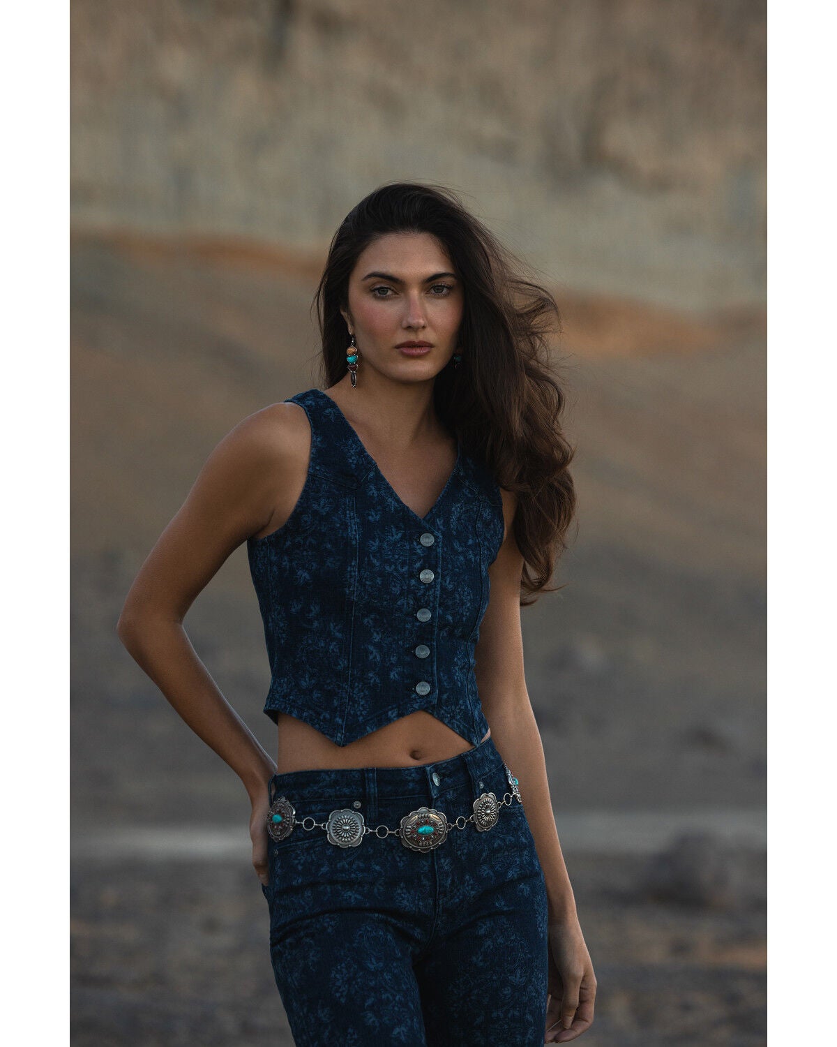 Shyanne Women's Lucy Floral Print Vest, Dark Wash, hi-res
