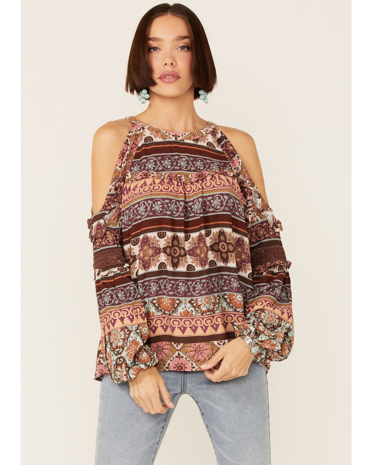 Miss Me Women's Vertical Print Cold Shoulder Bell Sleeve Woven Top, Rust Copper, hi-res