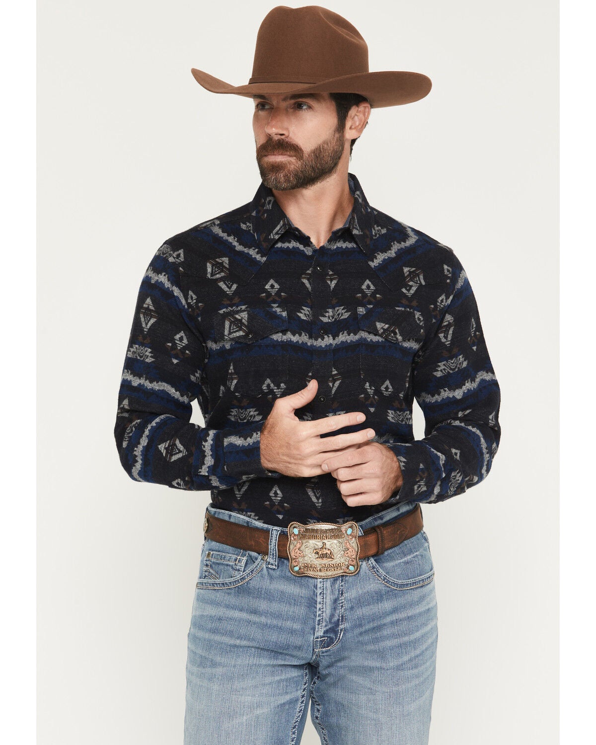 Cody James Men's Ironwood Southwestern Striped Long Sleeve Snap Flannel Shirt, Navy, hi-res