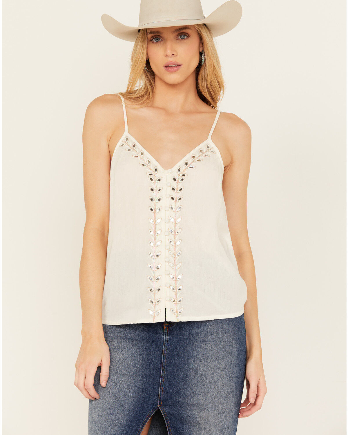 Image #1 - Shyanne Women's Embellished Crinkle Cami Tank, Cream, hi-res