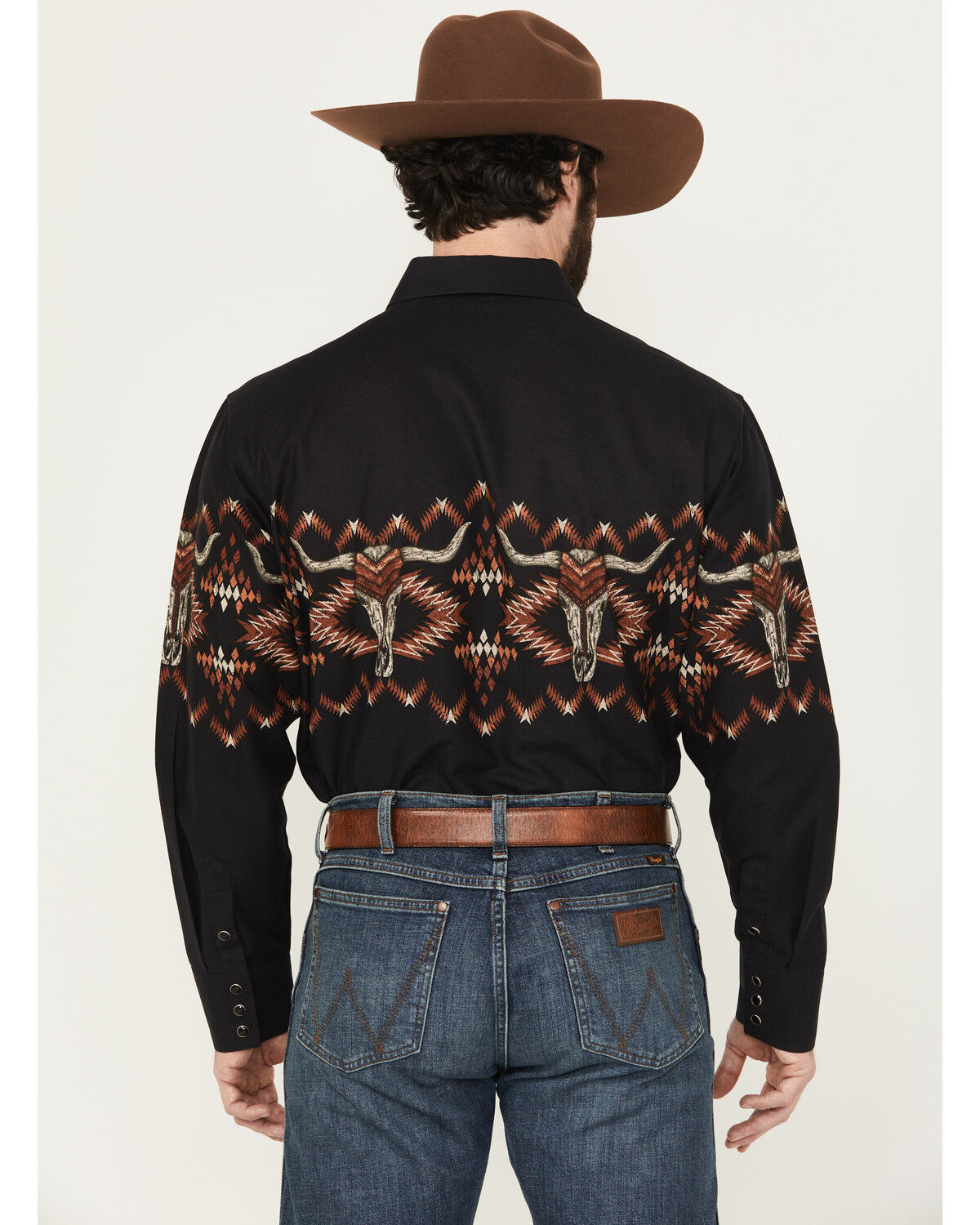 Image #4 - Panhandle Men's Longhorn Border Print Long Sleeve Snap Western Shirt, Black, hi-res