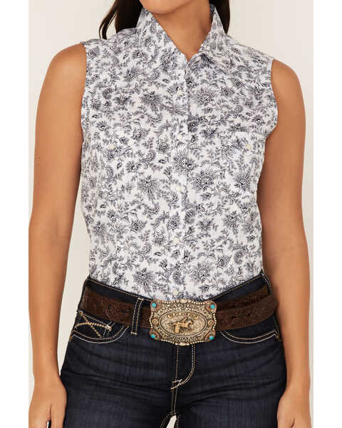 Image #3 - Rough Stock by Panhandle Women's Floral Paisley Print Sleeveless Pearl Snap Western Core Shirt, White, hi-res