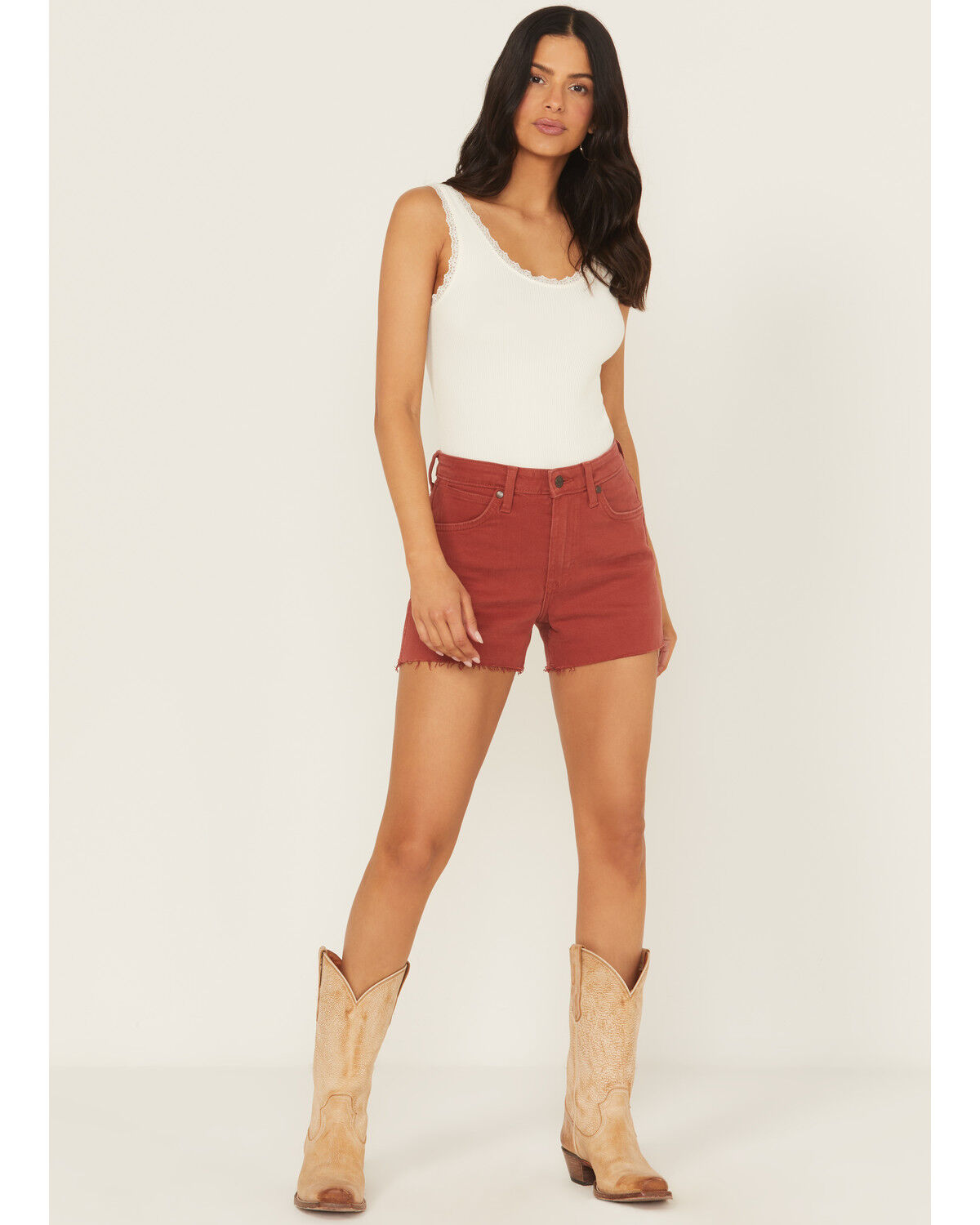 Image #1 - Wrangler Women's Amber High Rise Retro Cowboy Stretch Denim Shorts, Red, hi-res