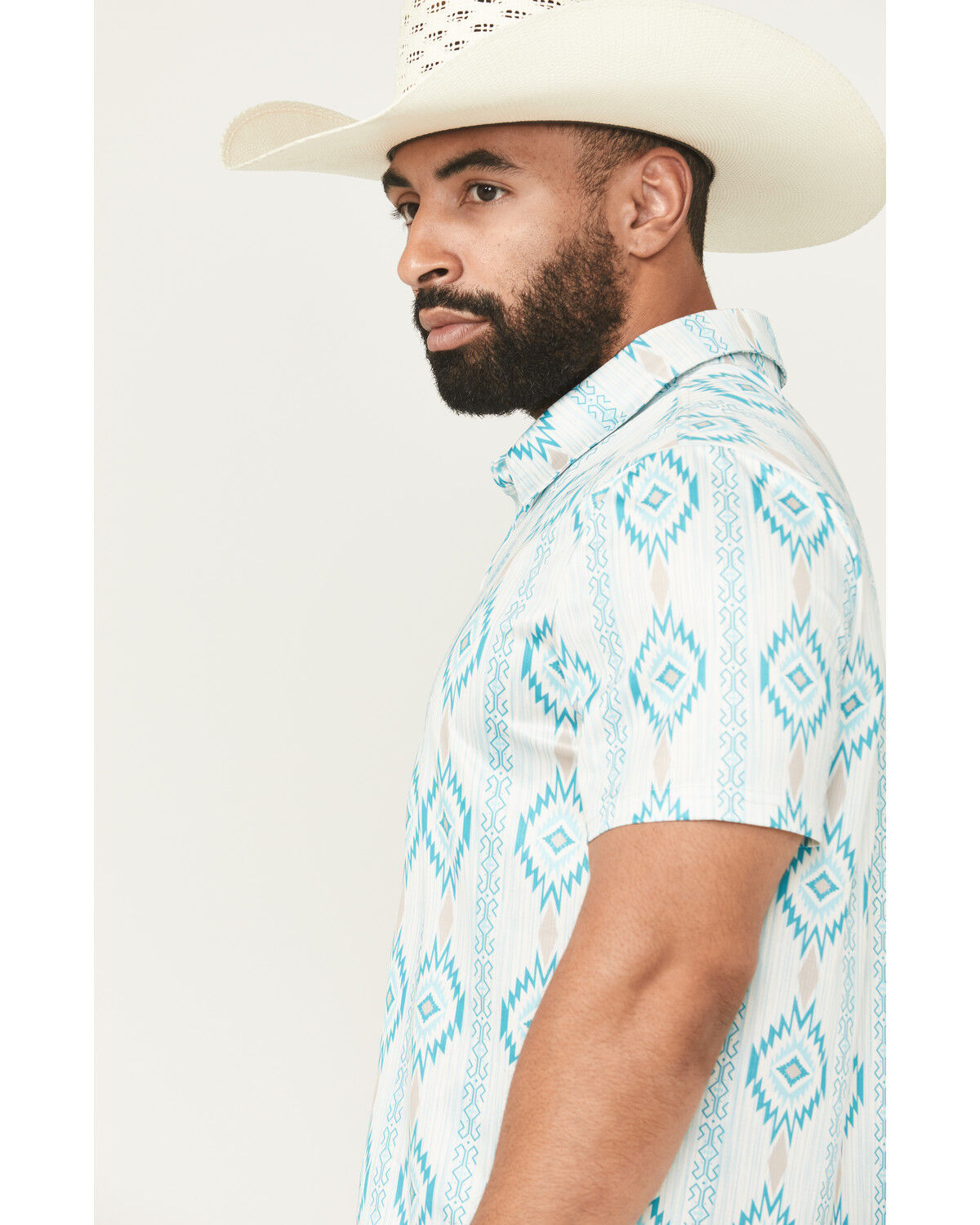Image #2 - Rock & Roll Denim Men's Southwestern Print Short Sleeve Button-Down Stretch Polo Shirt, Aqua, hi-res