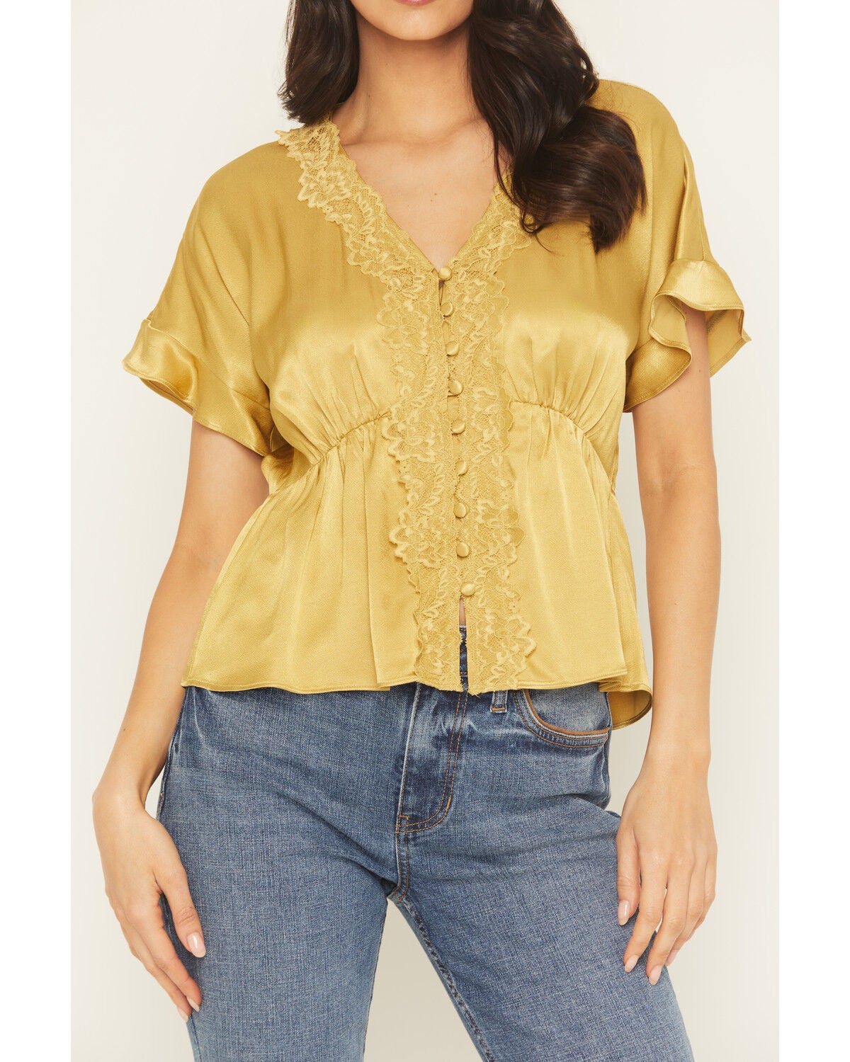 Image #3 - Shyanne Women's Satin Lace Trim Short Sleeve Button-Down Shirt, Olive, hi-res