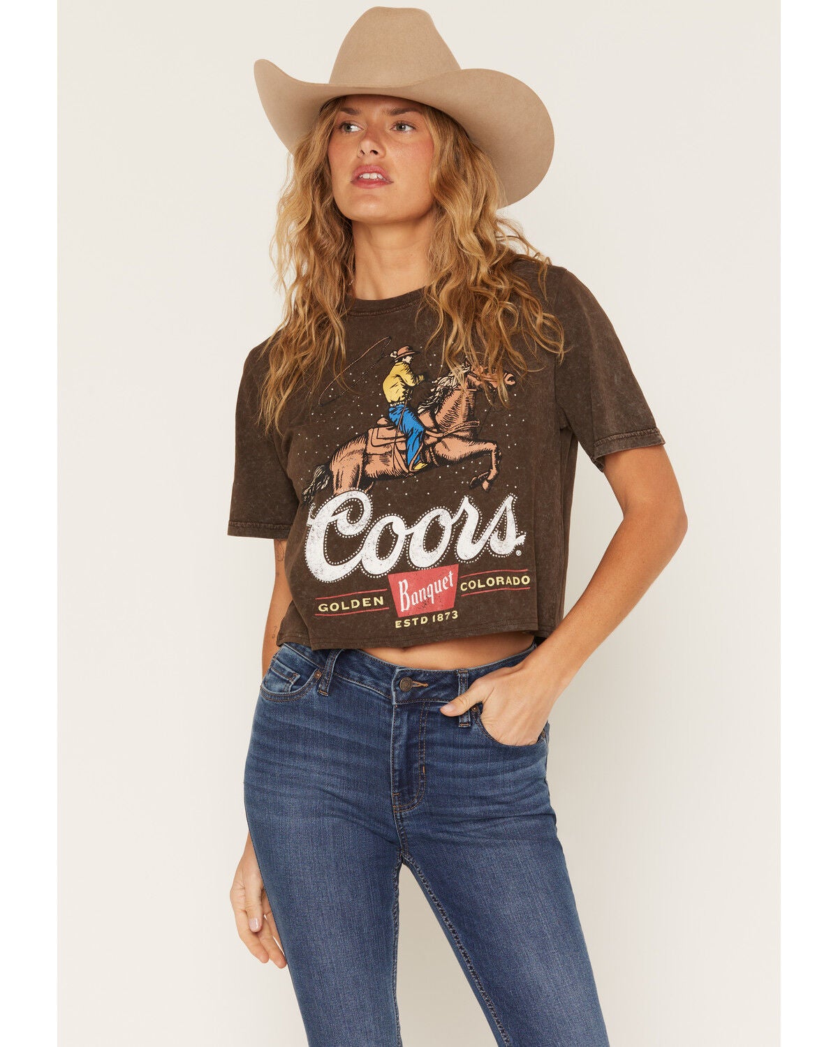 Coors Women's Cowboy Short Sleeve Cropped Graphic Tee, Brown, hi-res