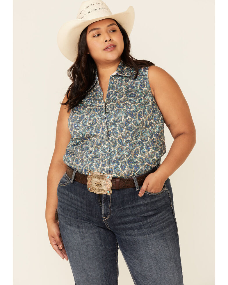 Roper Women's Plaza Paisley Print Sleeveless Snap Western Core Shirt - Plus, Blue, hi-res