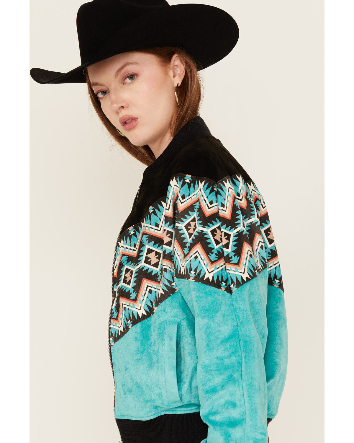 Image #2 - Rock & Roll Denim Women's Southwestern Print Faux Suede Bomber Jacket, Turquoise, hi-res