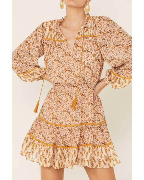 Image #2 - Miss Me Women's Ditsy Floral Long Sleeve Peasant Mini Dress, Mustard, hi-res