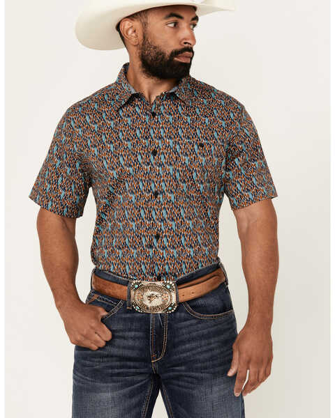 RANK 45® Men's Raflame Geo Print Short Sleeve Button-Down Stretch Western Shirt , Gold, hi-res