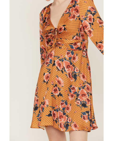 Image #3 - Beyond The Radar Women's Floral Dot Satin Long Sleeve Dress , Mustard, hi-res