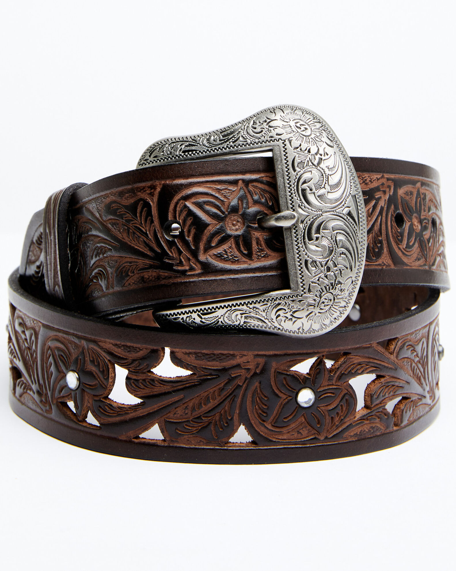 Tooled leather belt womens top