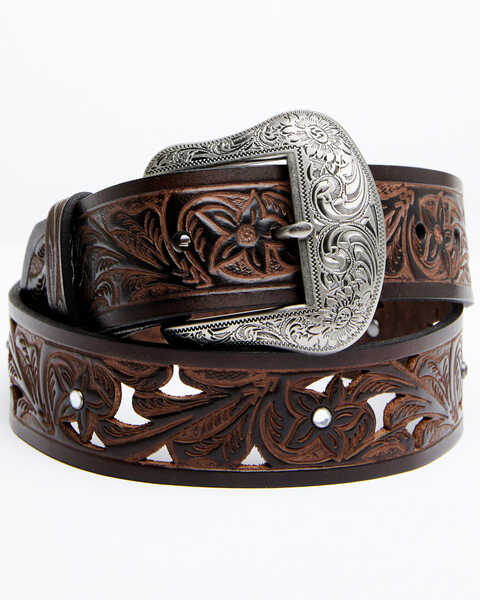 Image #1 - Shyanne Women's Brown Filigree & Floral Cutout Tooled Leather Belt, Brown, hi-res