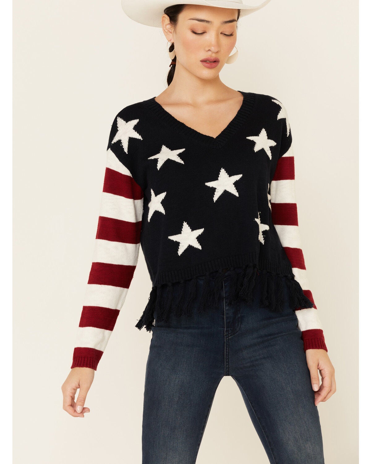 Image #1 - Shyanne Women's Navy Stars Fringe Sweater , , hi-res