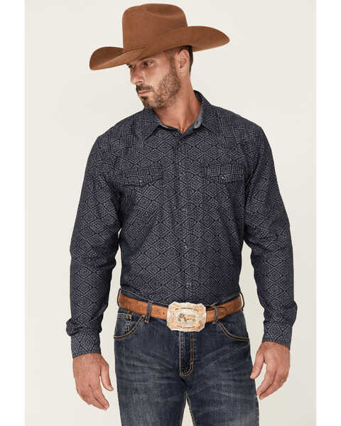 Cody James Men's Washed Out Chambray Southwestern Print Long Sleeve Snap Western Shirt - Big & Tall , Navy, hi-res