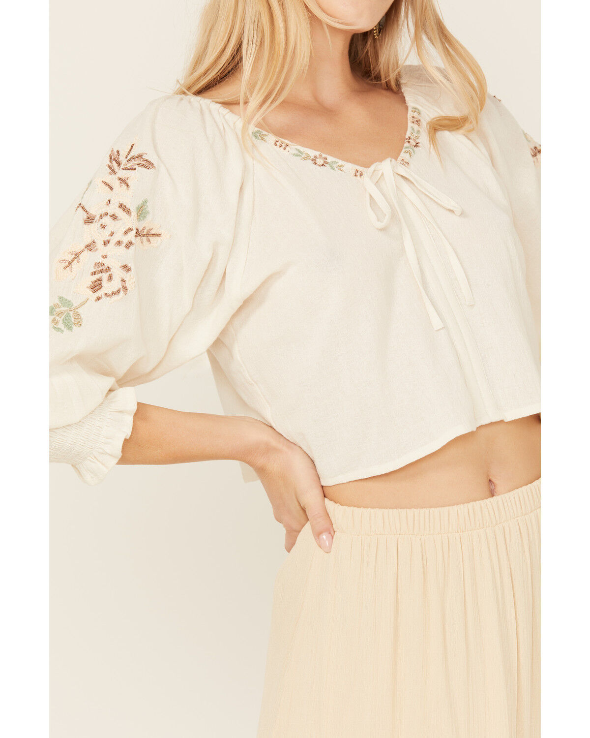 Image #3 - Shyanne Women's Embellished Tie Front Peasant Top, Cream, hi-res
