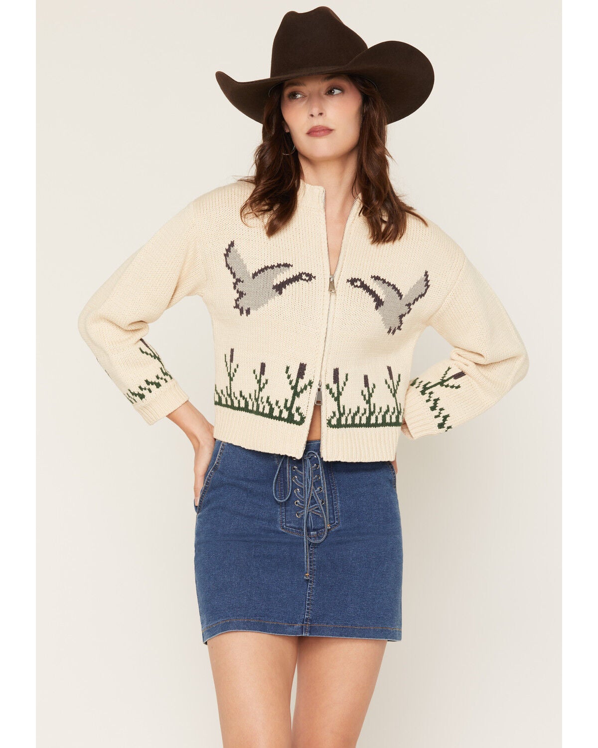 Image #1 - Sadie & Sage Women's Goose Zip-Up Sweater, Cream, hi-res