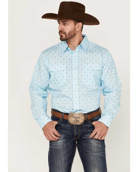 Image #1 - Panhandle Men's Cross Geo Print Long Sleeve Snap Western Shirt , Light Blue, hi-res