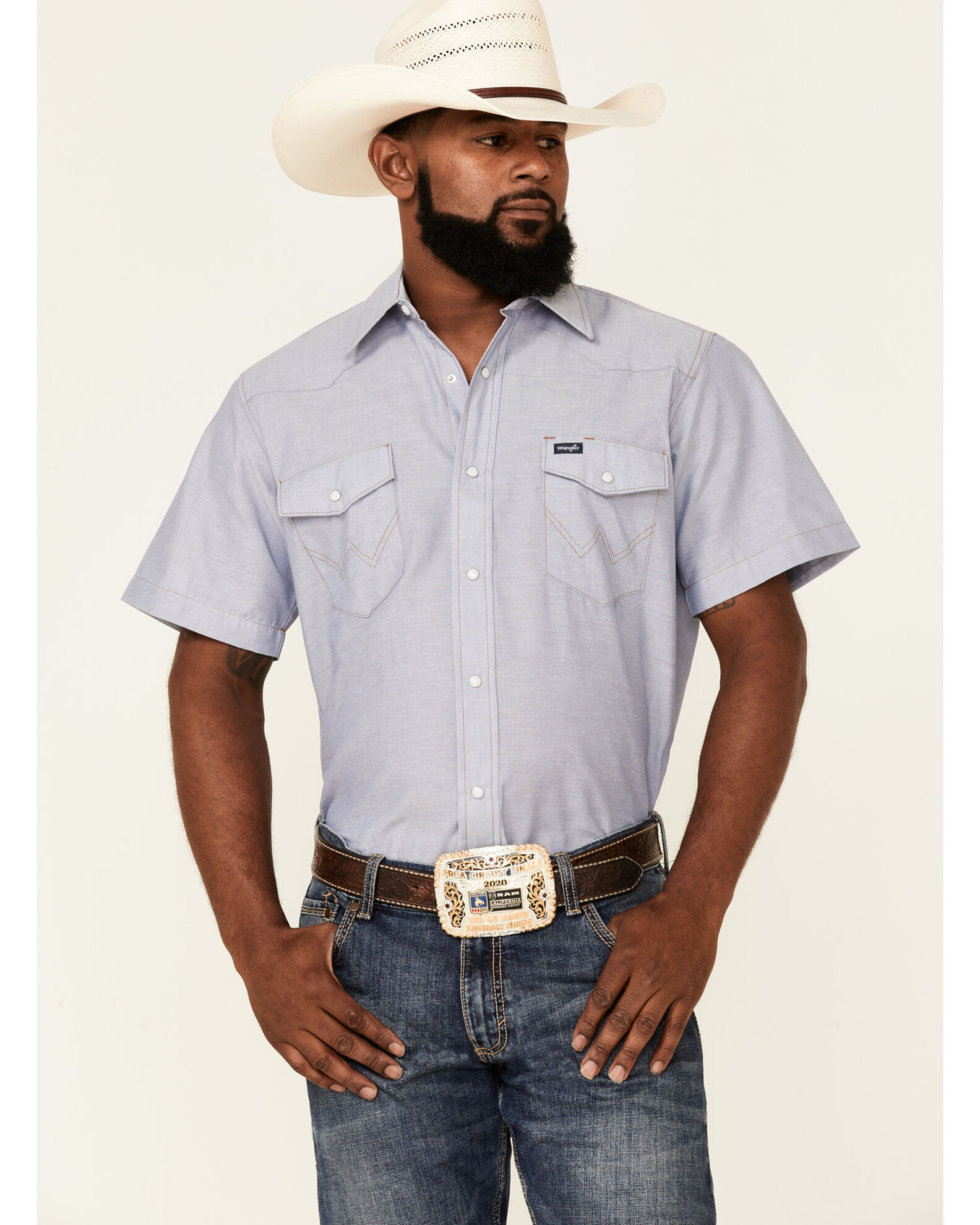 Wrangler Men's Chambray Rigid Cowboy Cut Short Sleeve Snap Work Shirt -  Country Outfitter