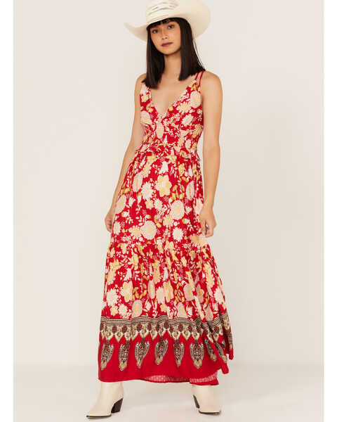 Band of Gypsies Women's Reflections Floral Print Sleeveless Maxi Dress, Red, hi-res