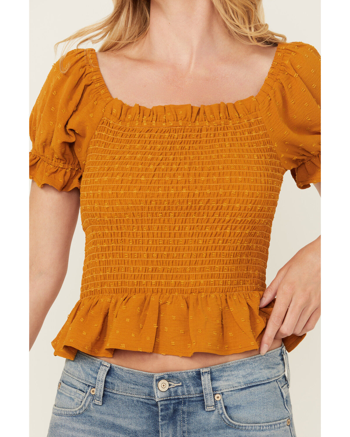 Image #3 - Wild Moss Women's Smocked Short Sleeve Shirt, Mustard, hi-res