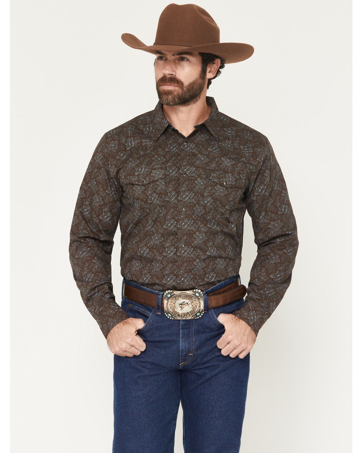 Image #1 - Gibson Trading Co Men's Groovin Floral Print Long Sleeve Snap Western Shirt - Big, Dark Brown, hi-res