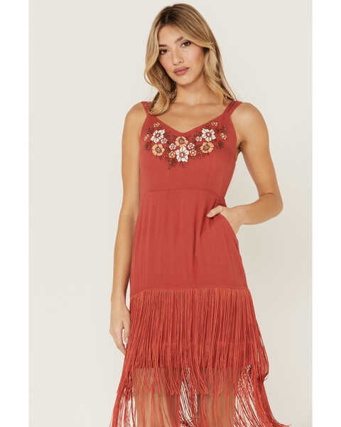 Image #4 - Idyllwind Women's Strawberry Hill Embroidered Floral Fringe Dress, Brick Red, hi-res
