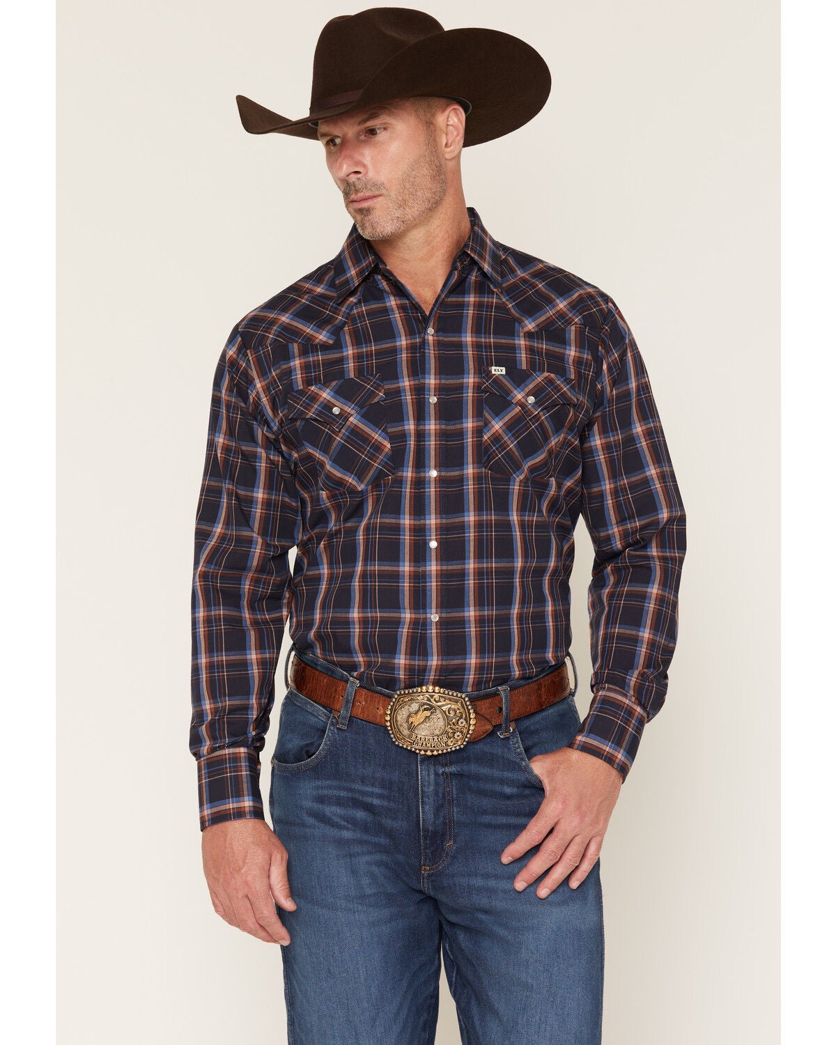 Ely Walker Men's Plaid Print Long Sleeve Pearl Snap Western Shirt, Navy, hi-res