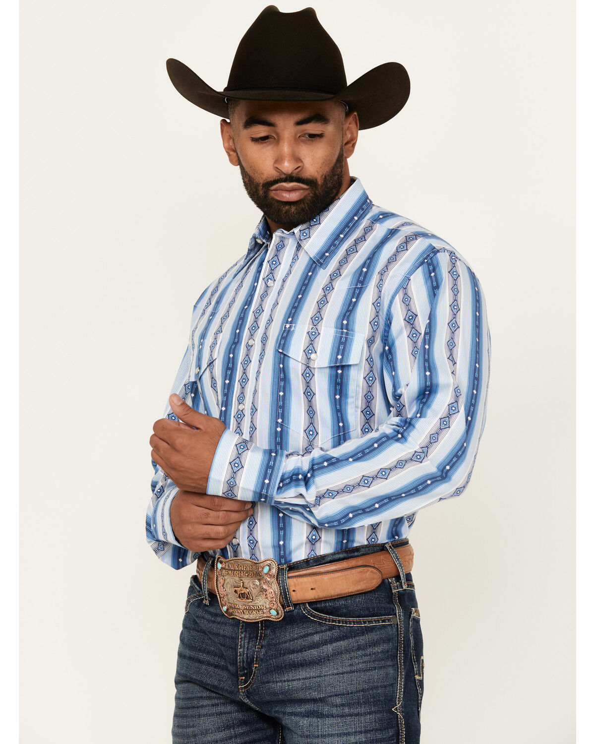 Image #2 - Wrangler Men's Checotah Southwestern Print Long Sleeve Snap Western Shirt, Blue, hi-res