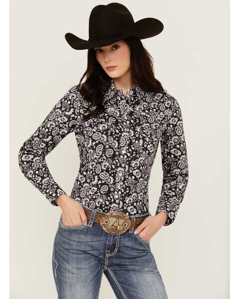 Cowgirl Hardware Women's Paisley Print Long Sleeve Snap Western Shirt , Black, hi-res