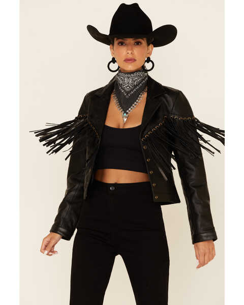 Understated Leather Women's Motive Eyelet Snap-Front Leather Jacket , Black, hi-res