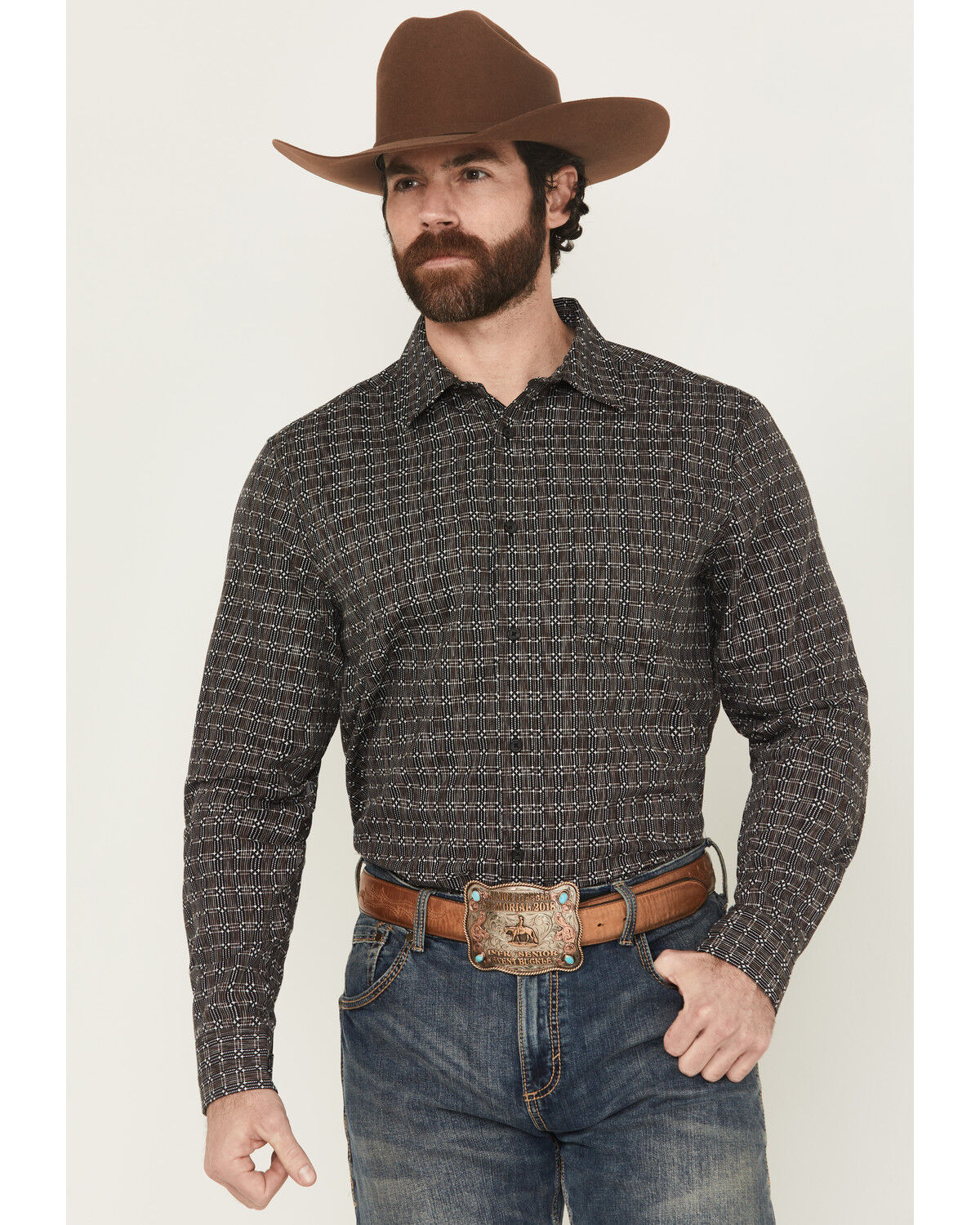 Image #1 - Gibson Trading Co Men's Bug Out Plaid Print Long Sleeve Button-Down Stretch Western Shirt - Big, Black, hi-res