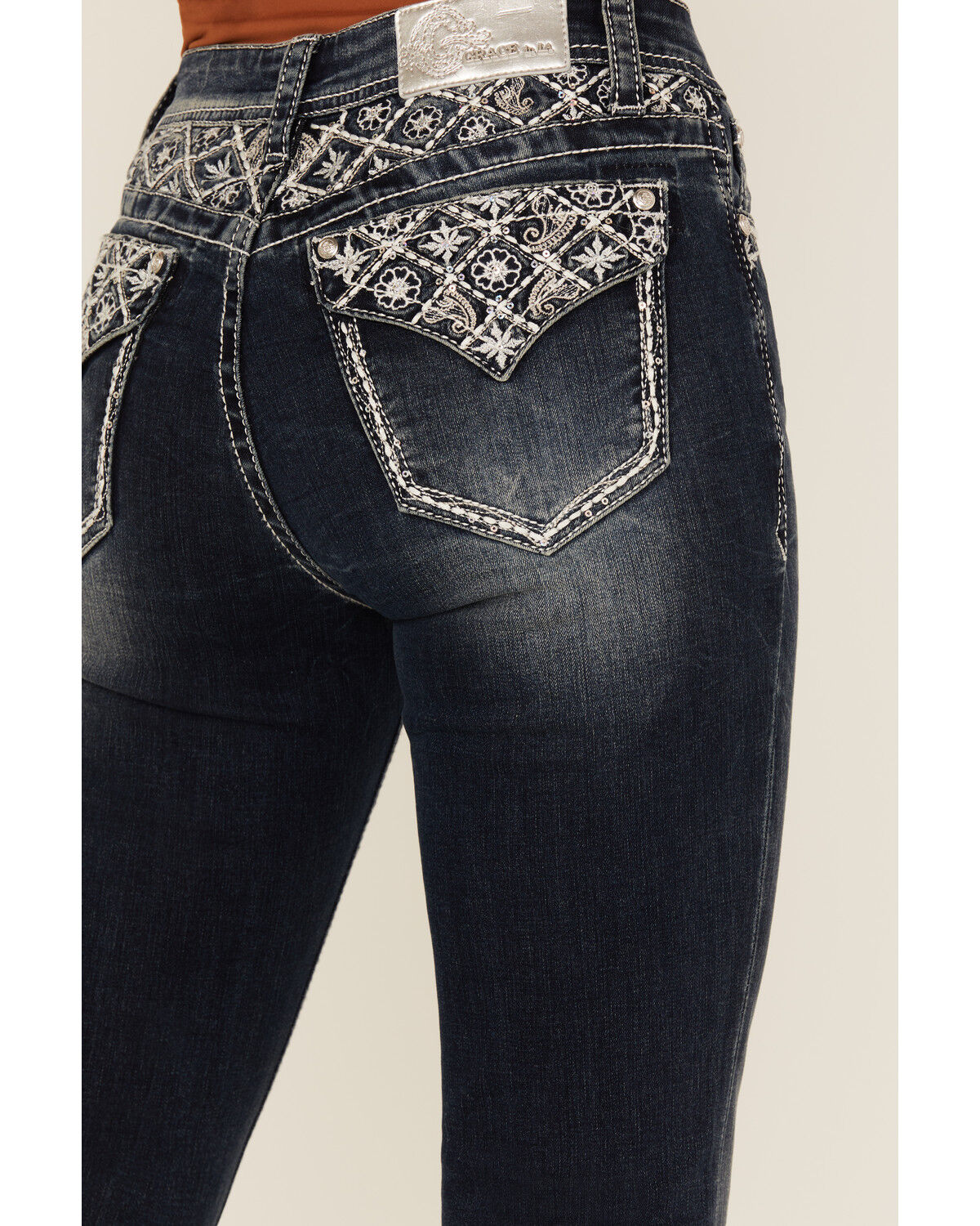 Image #2 - Grace In LA Women's Dark Wash Floral Paisley Embroidered Mid Rise Bootcut Stretch Denim Jeans, Dark Wash, hi-res