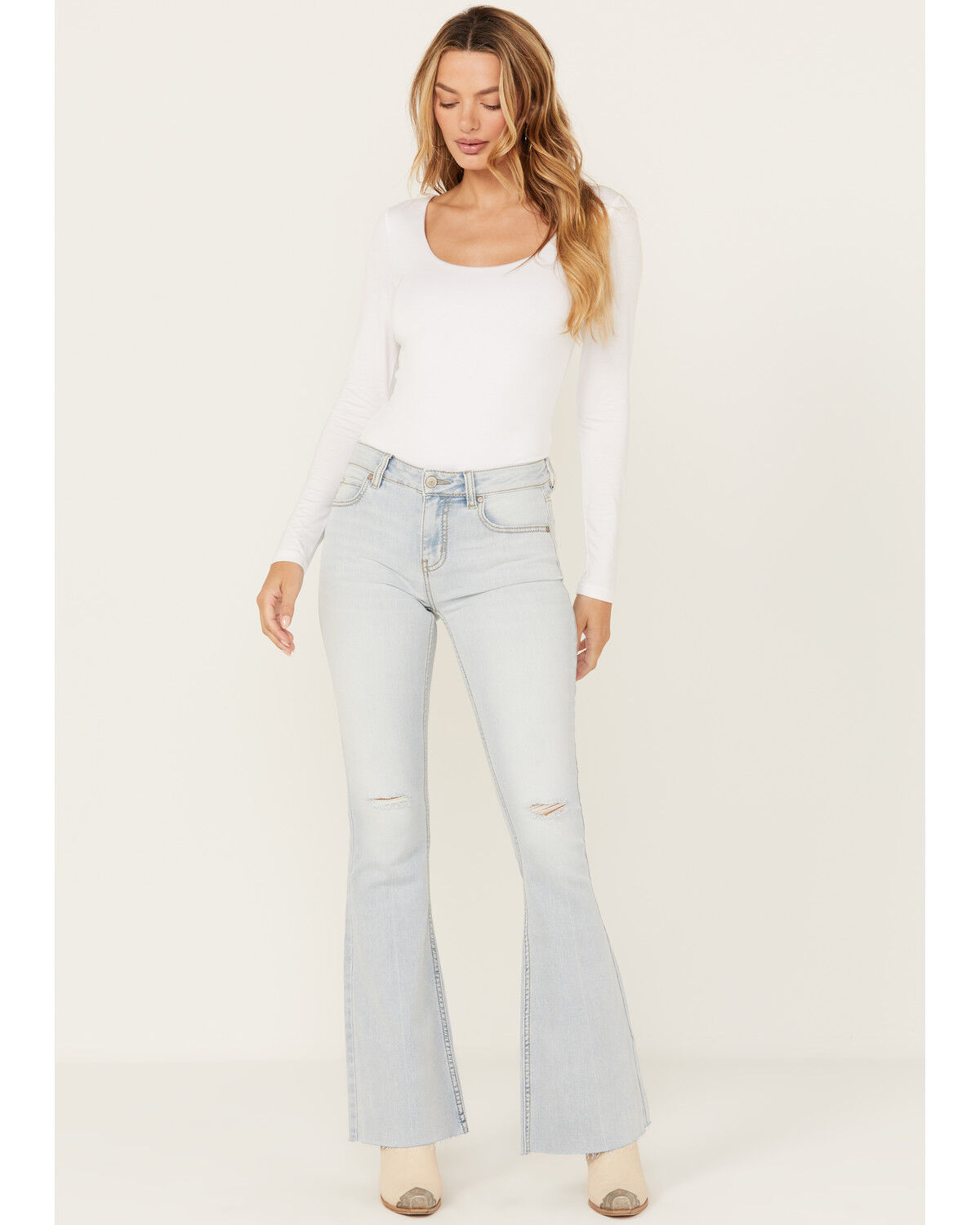 Image #1 - Shyanne Women's Agave Light Wash Mid Rise Destructed Stretch Flare Jeans, Light Wash, hi-res