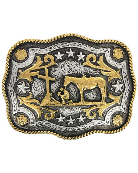 Cody James Men's Christian Cowboy Rectangle Belt Buckle, Silver, hi-res