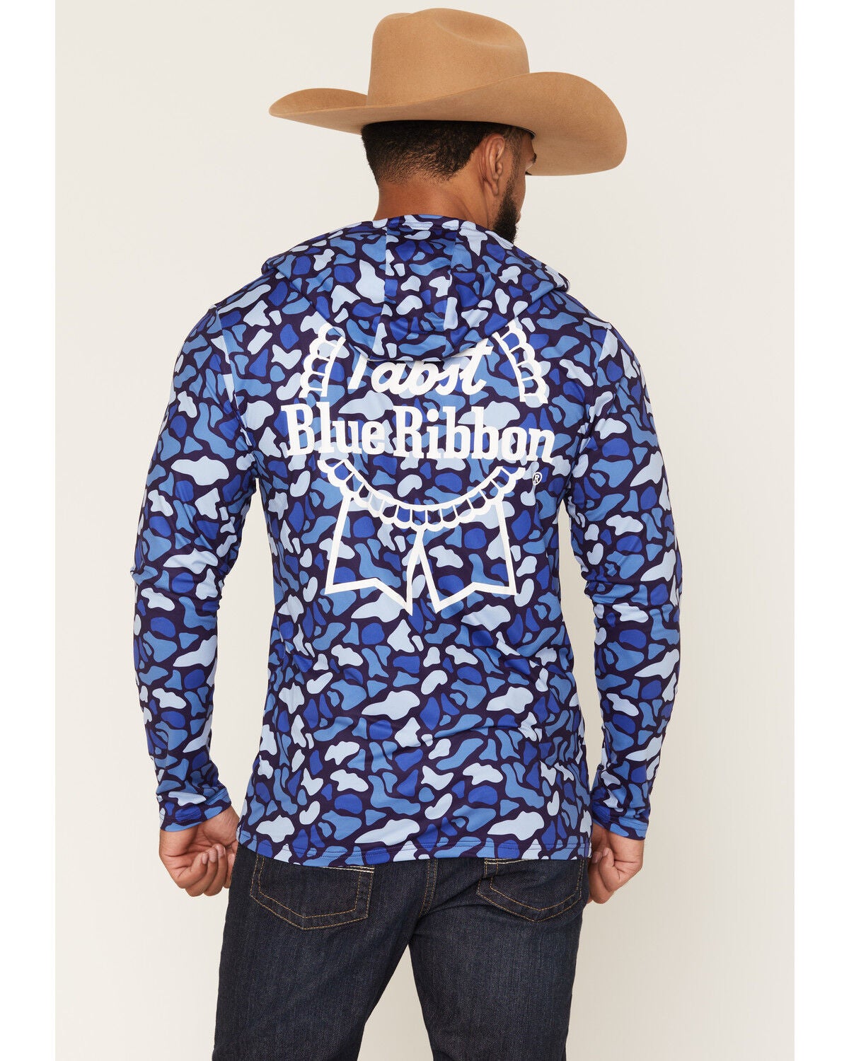 Image #1 - PBR Men's Camo Print Long Sleeve Hooded Shirt, Blue, hi-res