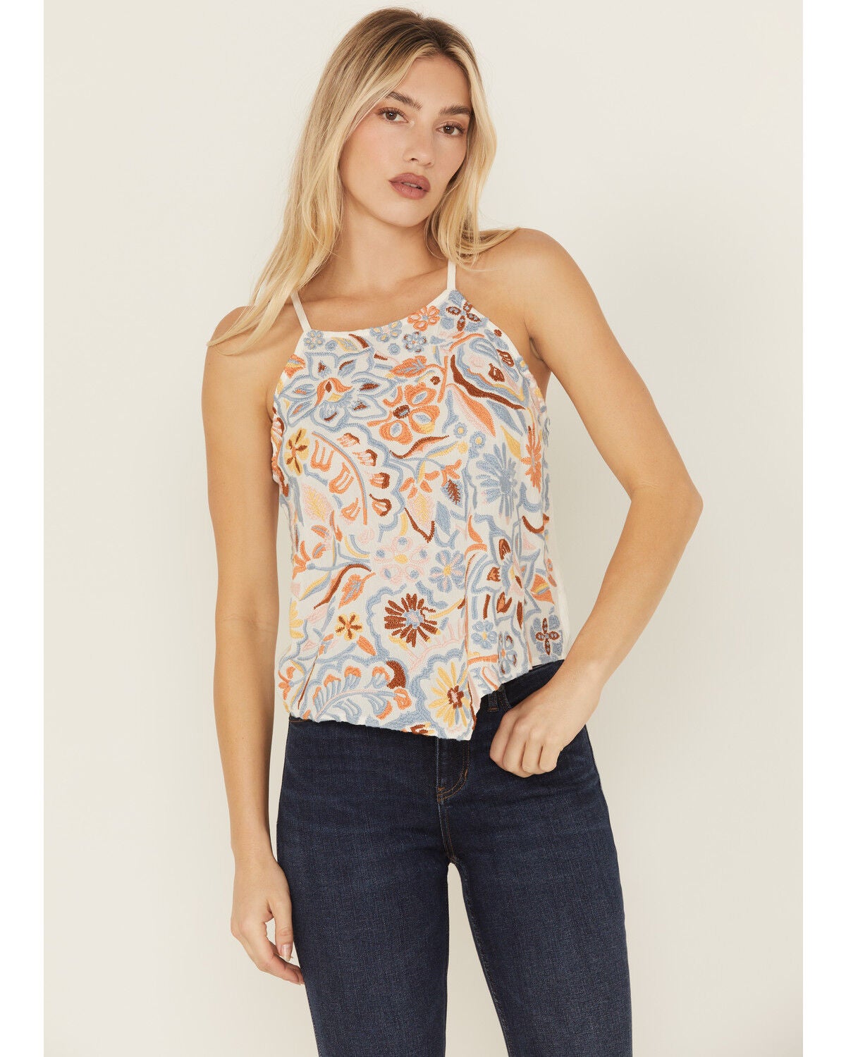 Idyllwind Women's Floral Haze Embroidered Crinkle Tank Top, Ivory, hi-res
