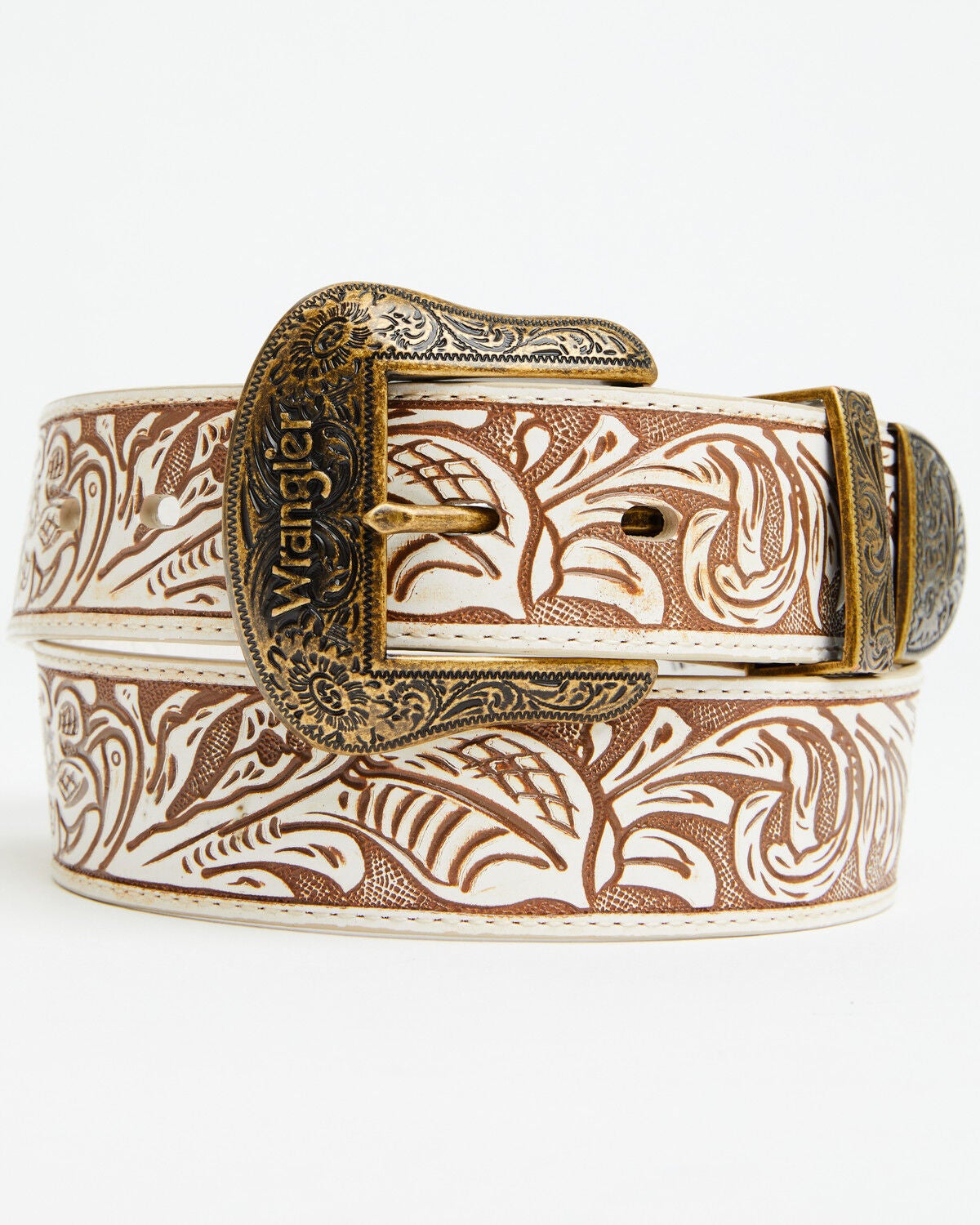 Wrangler Women's Floral Embossed Leather Belt, Off White, hi-res
