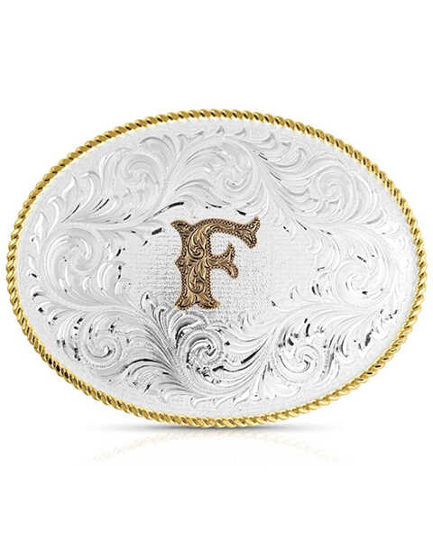 Montana Silversmiths Classic Western Oval Two-Tone Initial Belt Buckle - F, Silver, hi-res