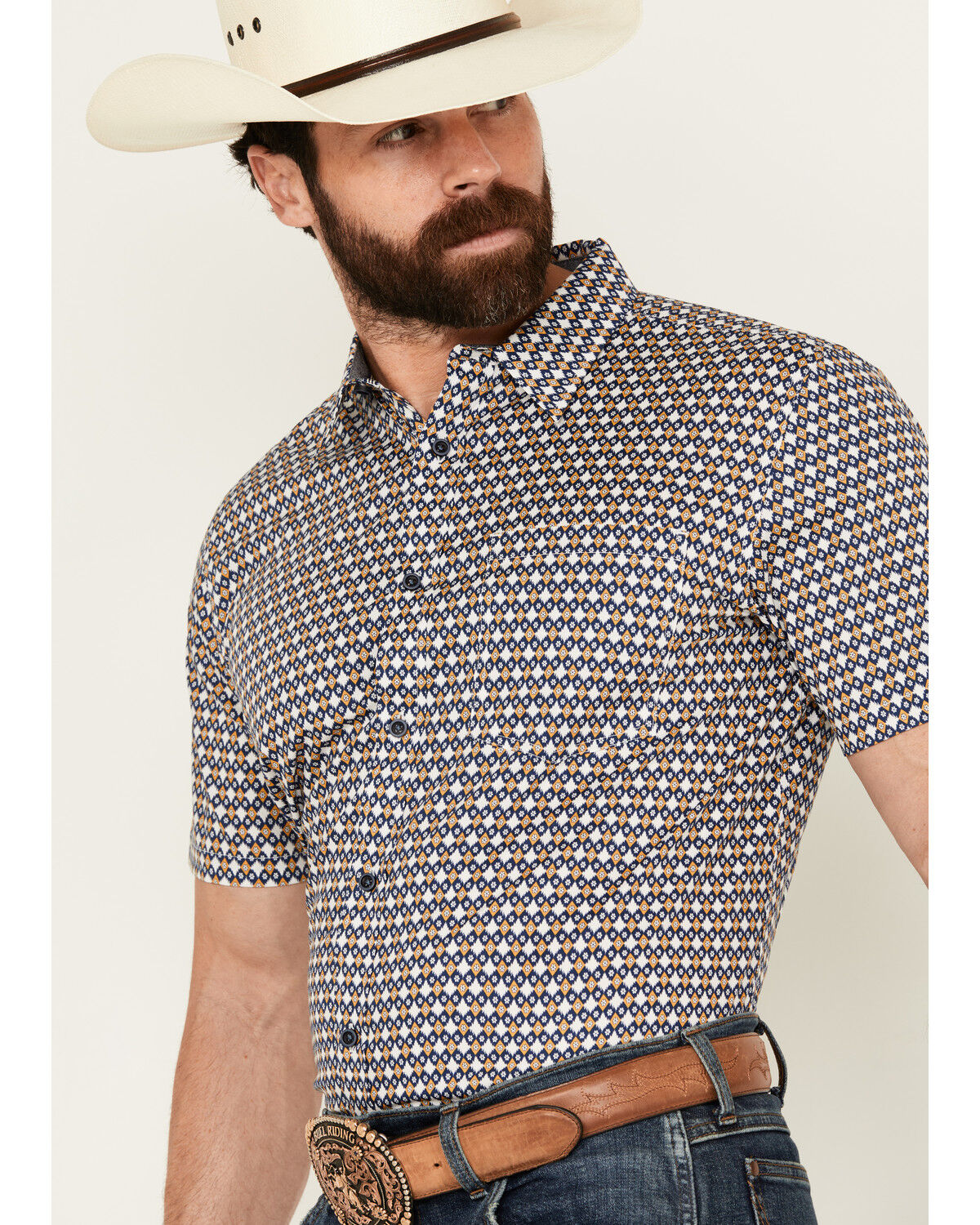 Image #2 - Cody James Men's Everett Geo Print Short Sleeve Button-Down Stretch Western Shirt, White, hi-res