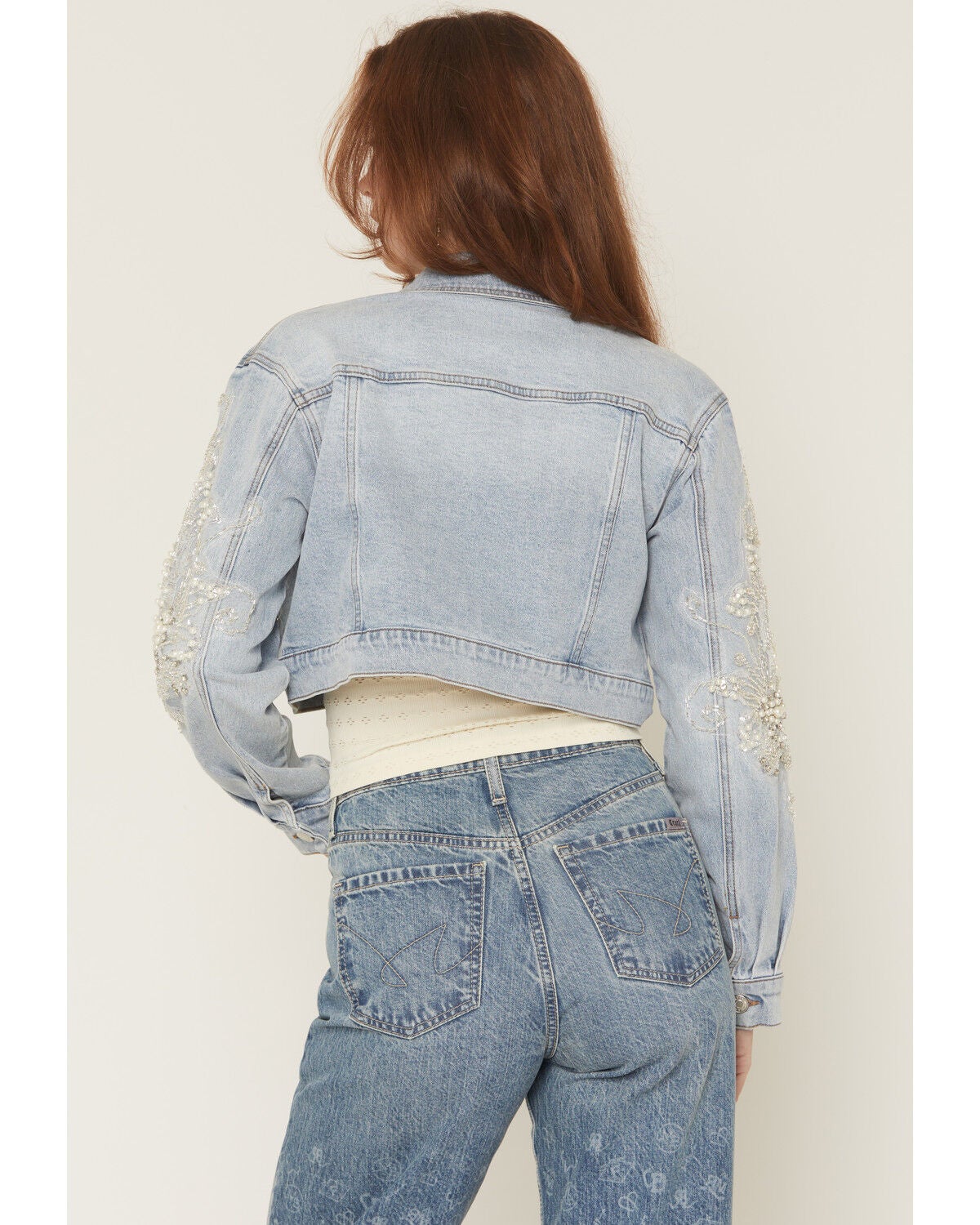 Image #4 - Azalea Wang Women's Light Wash Embellished Button-Down Cropped Denim Jacket, Light Wash, hi-res
