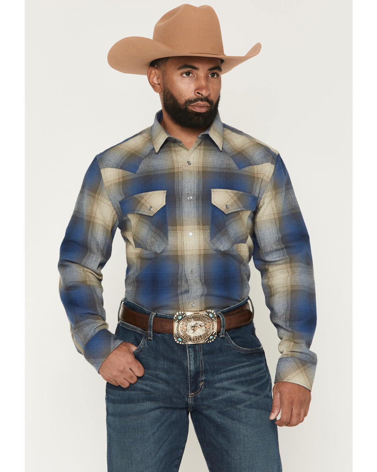 Image #1 - Pendleton Men's Boot Barn Exclusive Wyatt Plaid Print Long Sleeve Snap Western Shirt, Blue, hi-res