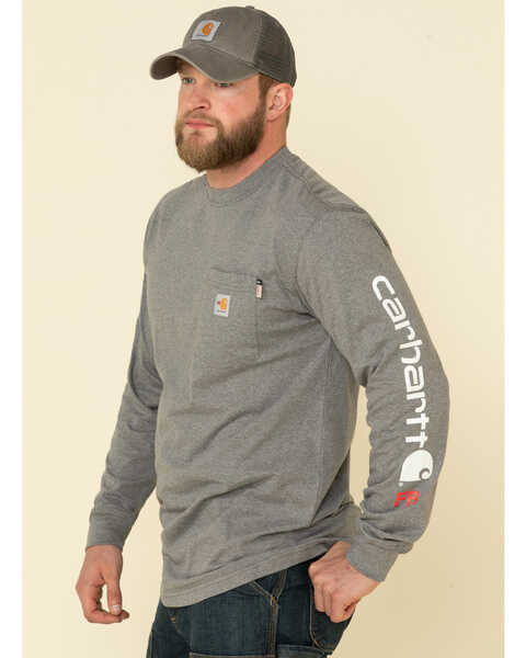 Image #1 - Carhartt Men's Granite M-FR Midweight Signature Logo Long Sleeve Work Shirt - Tall, Grey, hi-res