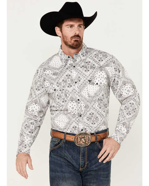 Cowboy Hardware Men's Boot Barn Exclusive Bandana Print Long Sleeve Snap Western Shirt, Navy, hi-res