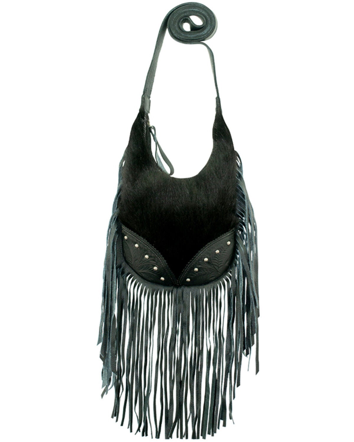 American West Women's Hair-On Studded Fringe Crossbody, Black, hi-res