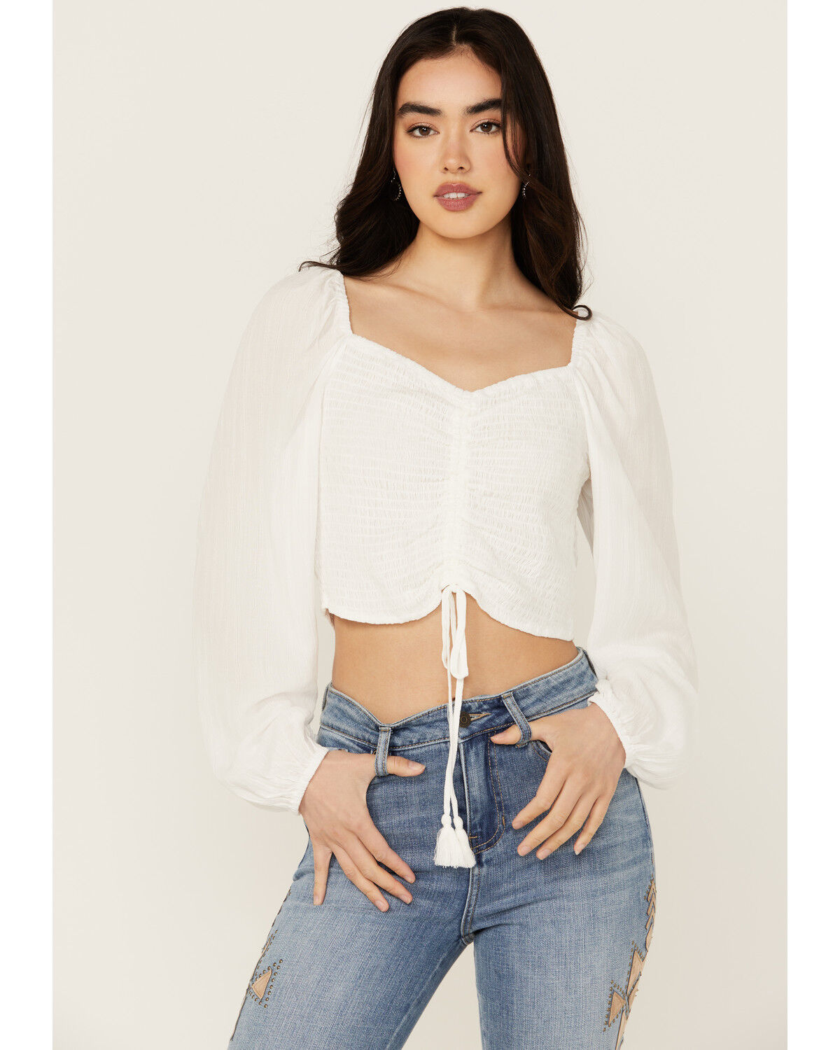 Image #2 - Idyllwind Women's Lena Smocked Long Sleeve Cropped Blouse, Ivory, hi-res