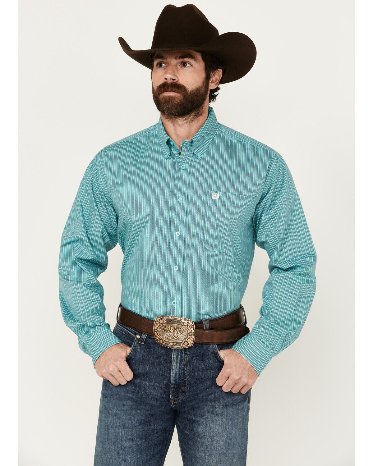 Image #1 - Cinch Men's Striped Long Sleeve Button-Down Western Shirt, Turquoise, hi-res