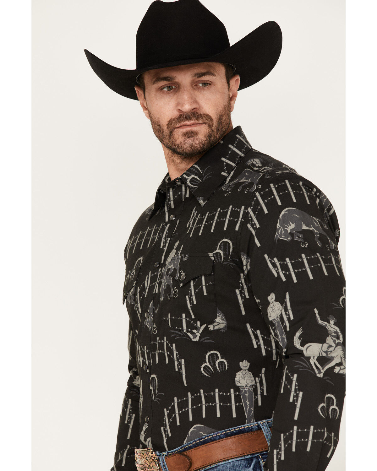 Image #2 - Rock & Roll Denim Panhandle Men's Vintage 46 Print Long Sleeve Snap Shirt, Black, hi-res